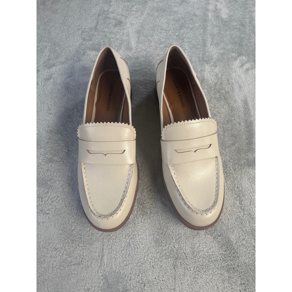 Lucky Brand Floriss Cream Leather Penny Loafers Pinked Edge Shoes Womens 9.5M